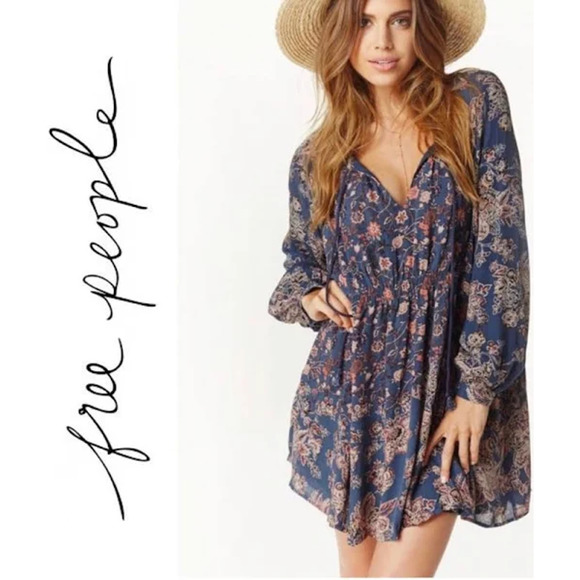 Free People Dresses & Skirts - Free People Lucky Loosey Dress Indigo Blue, Paisley Boho Dress